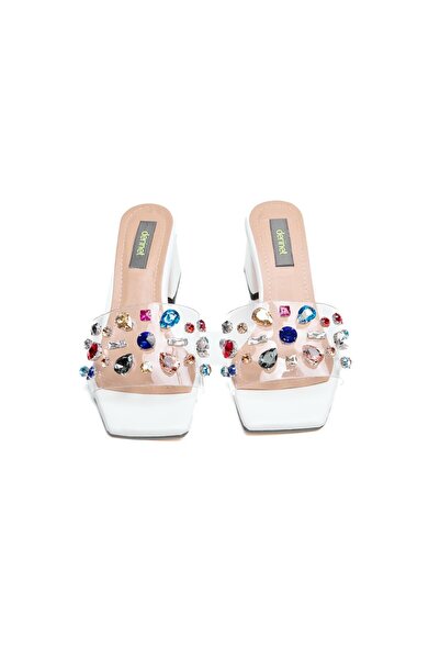 derinet Renkli Taşlı Şeffaf Bantlı Kadın Topuklu Terlik