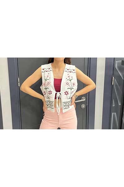 DİMA Patterned Strappy Linen Blend Vest