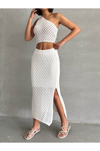 BEJNA Women's Ecru Openwork Summer Knitwear Crop Skirt Set