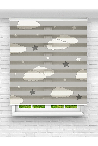 Mas Erkek Çocuk Odası - Gri Bulut ve Yıldız Temalı Desenli Dijital Baskılı Zebra Stor Perde