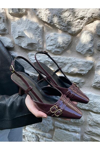 Elvinin Tarzı Sadie Thin Heeled Buckle Detailed Burgundy Patent Leather Women's Shoes
