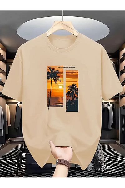 WOODROFFE Ανδρικό μπλουζάκι με λαιμόκοψη με θέμα Sunset Palm Oversize Loose Boyfirend