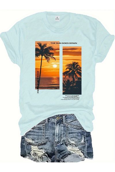WOODROFFE Γυναικείο μπλουζάκι με λαιμόκοψη με θέμα Sunset Palm Oversize Loose Boyfirend