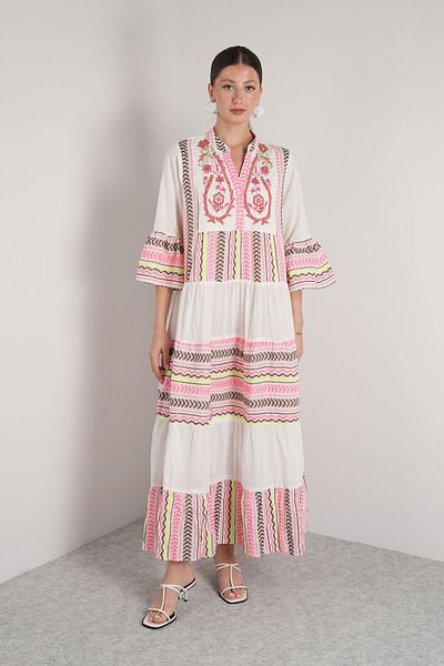 NAVAJO Maxi Dress - White Pink Embroidery Lined – 100% Cotton – Standard Size (36-44)