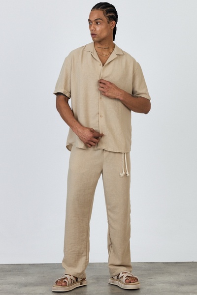 MADZEYMODA Premium ανδρικό καλοκαιρινό άνετο κοντομάνικο πουκάμισο και παντελόνι με κάτω μπεζ λινό κοστούμι LS-5698