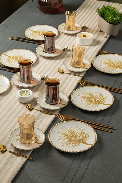 clasavm Tree of Life Patterned 18 Piece Tea Set |   Gold Tea Cup, 6 Piece Cake Plate - 18 Piece Cake Set