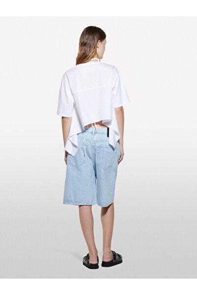 Sisley Γυναικείο λευκό μπλουζάκι από 100% βαμβάκι με κορδόνια στο πίσω μέρος και λαιμόκοψη με κορδόνια σε κανονική εφαρμογή - 325P3F1QL107K