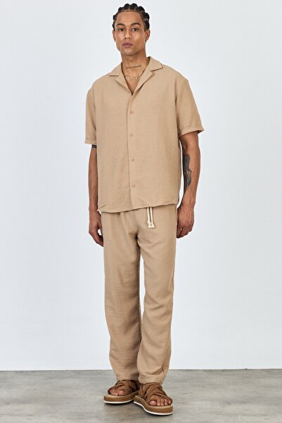 MADZEYMODA Premium Men's Summer Comfortable Fit Short Sleeve Shirt & Pants Bottom Top Light Coffee Linen Suit Ls-5698