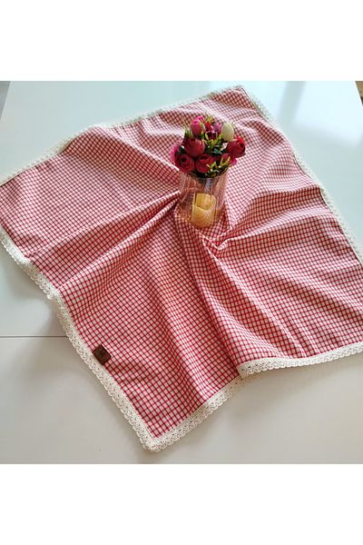 denizli hatırası Organic Raw Linen Red Poti Checkered Laced Tablecloth