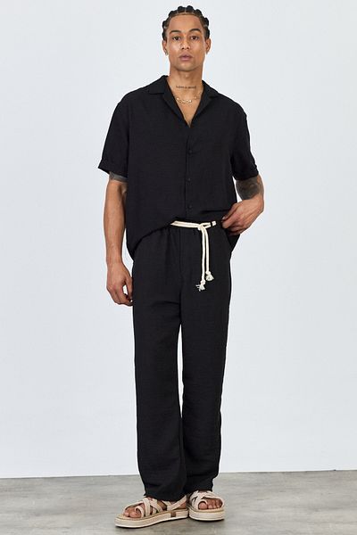 MADZEYMODA Premium Men's Summer Comfortable Fit Short Sleeve Shirt & Pants Bottom Top Black Linen Suit Ls-5698