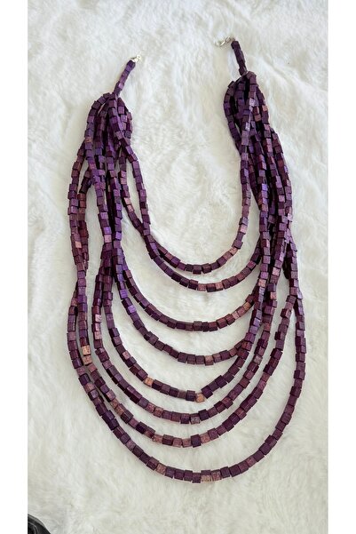 GM TAKI Çoklu Ahşap Boncuk Mor Kolye