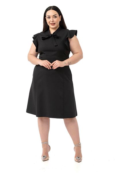 DISENTIS MODEST Plus Size Midi Black Dress with Scarf Collar and Flared Sleeves