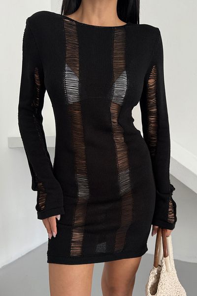 bayansepeti Women's Knitwear Fabric Low-Cut See-Through Look Long Sleeve Mini Cut Black Beach Dress 003