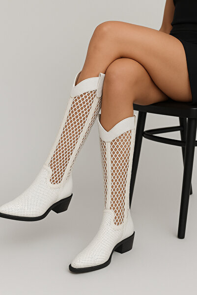 Mariolucci Kadın Yazlık Çizme (Fileli+zımbalı) Hakiki Beyaz Deri