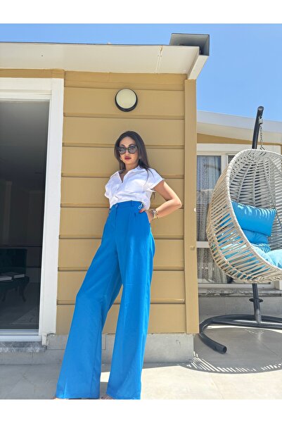 Gamze Ege Fashion Mavi yüksek bel pantolon