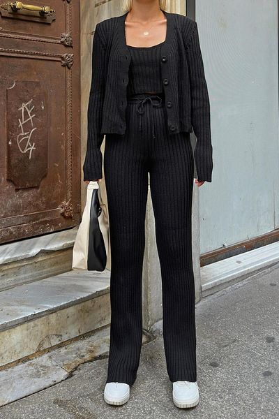 KURGAN TEKSTİL Black Button Detailed Blouse-Cardigan-Pants 3-Piece Women's Knitwear Suit