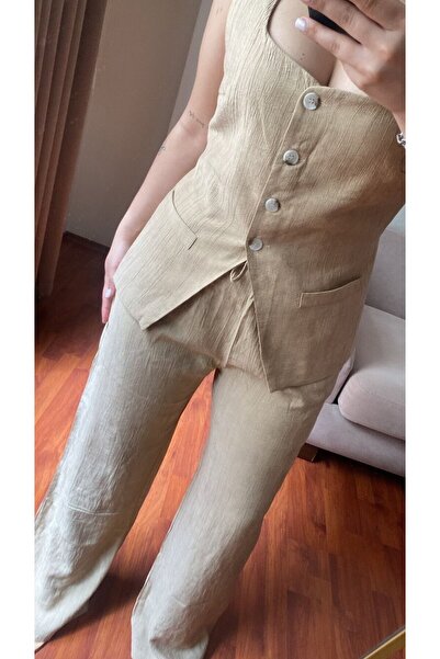 MODA Women's Square Neck Tie Waist Vest Pants Stone Color Two Piece Set