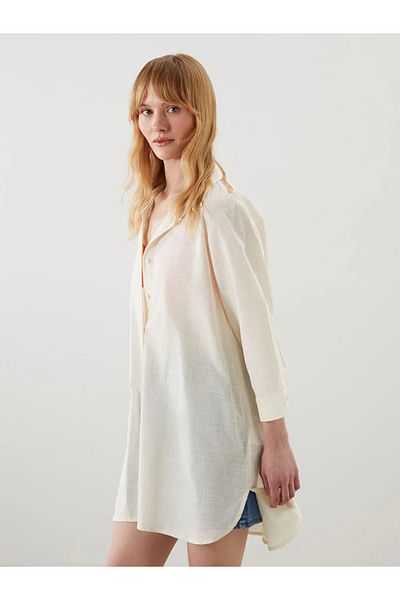 LC Waikiki Lcw Dream Ecru Shirt Collar Poplin Women's Beach Dress