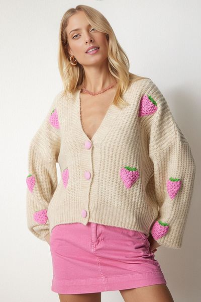 KURGAN TEKSTİL Women's Strawberry Motif Oversize Knitwear Cardigan