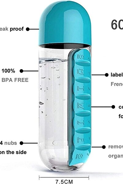 Nemade Medicine Boxed Flask Water Bottle 600ml 7-Day Pill Box Sports Leakproof Water Bottle Cup Water Medicine Boxed
