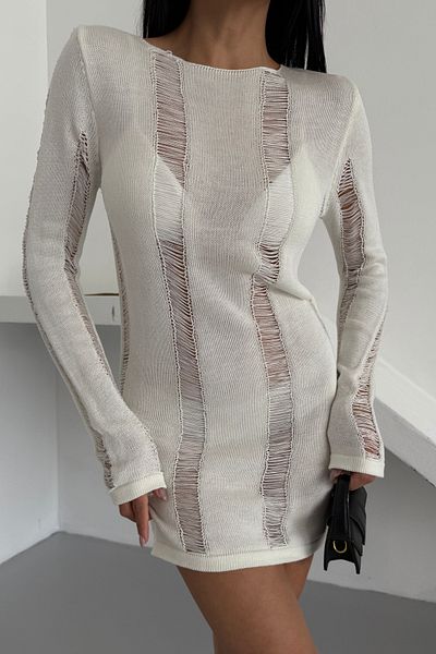 bayansepeti Women's Knitwear Fabric Low-Cut Transparent Look Long Sleeve Mini Cut Ecru Beach Dress 003