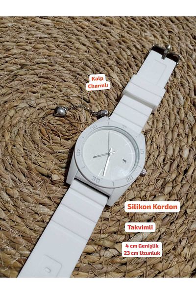 Brality Charm Heart... Unisex Wristwatch with Calendar (White Silicone Strap - White Steel Round Case) 0083
