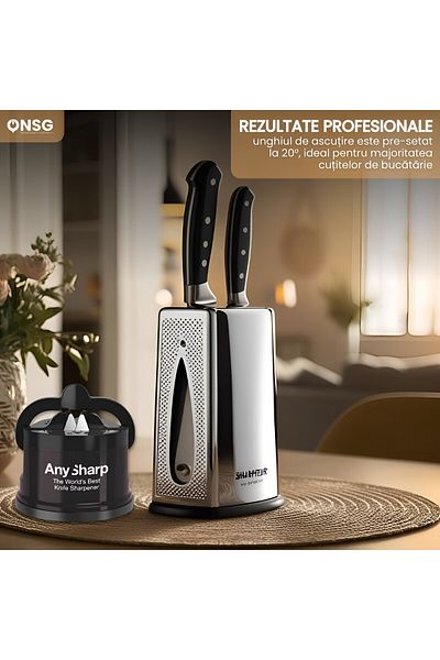 AnySharp Ascuțitor de cuțite de bucătărie premium, negru, sistem universal, prindere cu vid