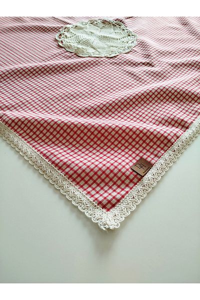 denizli hatırası Organic Raw Linen Red Poti Checkered Handcrafted Embroidered Tablecloth