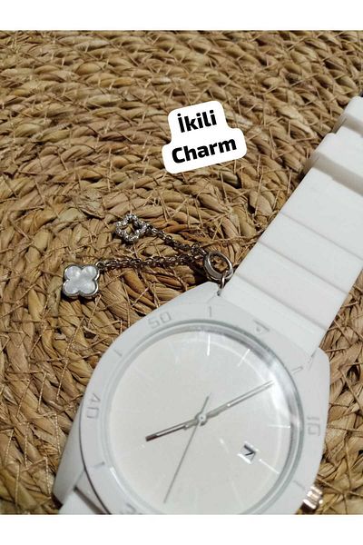 Brality Charm Binary... Unisex Wristwatch with Calendar (White Silicone Strap) (White Steel Round Case) 0083
