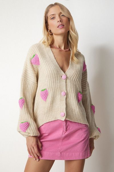 KURGAN TEKSTİL Women's Strawberry Motif Oversize Knitwear Cardigan