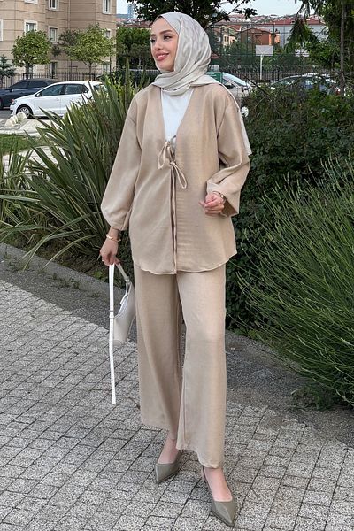 Tesettür Diyarı Kimono Double Set with Binding Detail - Beige