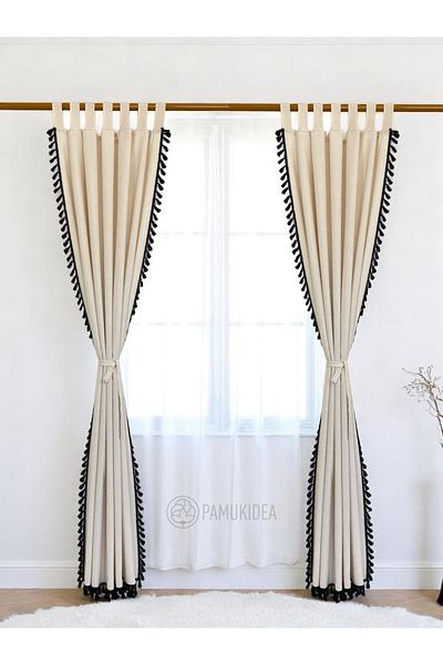 pamukidea Biritli Black Pompom - Tasseled 100% Cotton Buldan Linen Rustic Curtain - Single Wing - (En X Size)