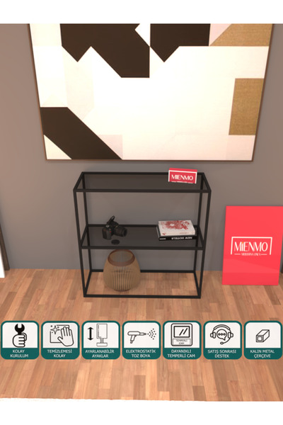 Mienmo Vira Metal Dresuar Dekoratif Kahve Köşesi Konsol Çok Raflı Siyah Füme ...