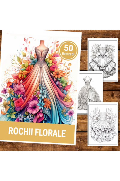Legendary Gifts Carte de colorat pentru relaxare și antistres, 50 de ilustrații, Rochii florale, format A4