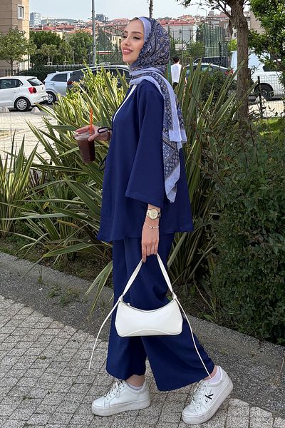 Tesettür Diyarı Kimono Double Set with Binding Detail - Indigo