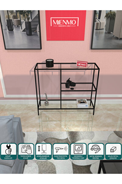 Mienmo Liora Metal Dresuar Dekoratif Çok Raflı Kahve Köşesi Konsol Siyah Şeff...