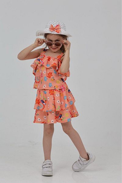 KİDSPİTİRCİK Girl's Orange 3 Piece Skirt Suit