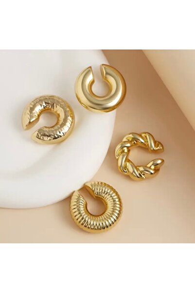 Accessories Vanilla Avenue 4'lü Minimalist Oval Desenli Altın Sarısı Günlük Kullanım Kadın Küpe Seti