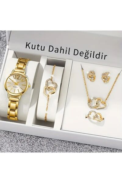 TNY Kadın Kol Saati & Kalpli Takı Seti - Altın Rengi Şık Kombin – Hediye Kutu...