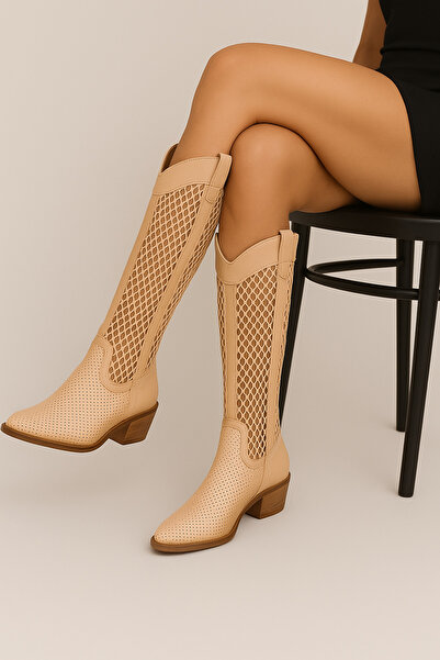 Mariolucci Kadın Yazlık Çizme (Filei+zımbalı) Hakiki Koyu Bej Deri