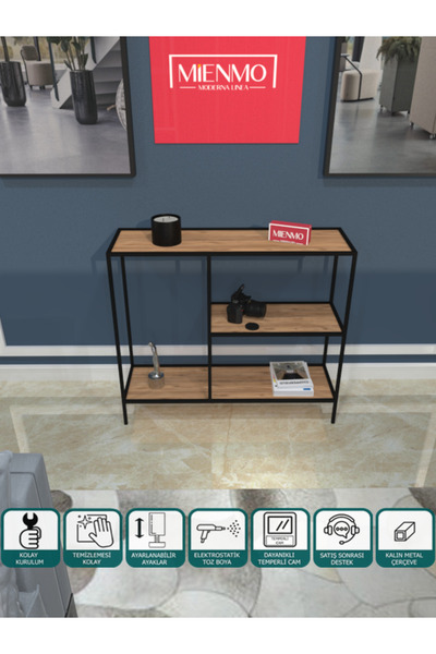 Mienmo Liora Metal Dresuar Dekoratif Çok Raflı Kahve Köşesi Konsol Siyah Atla...