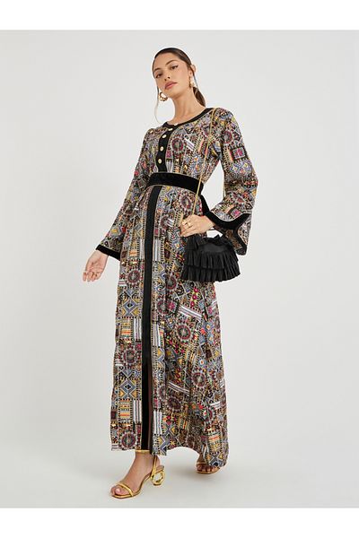 Maxim Creation By Styli Haute Couture Abstract Print Jalabiya with Back Tie Detail
