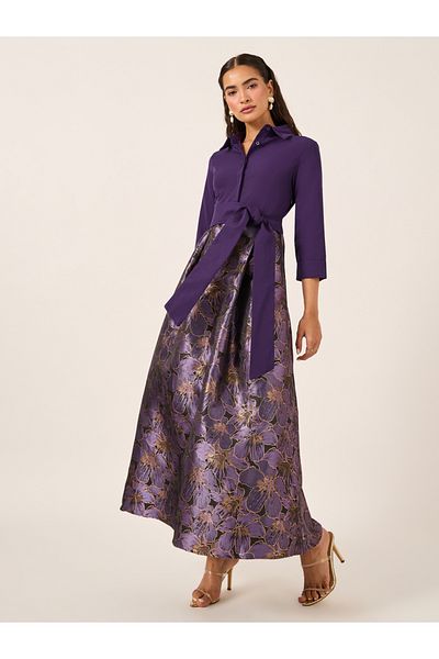 Styli Floral Print 3/4 Sleeves A-Line Maxi Dress with Tie Detail