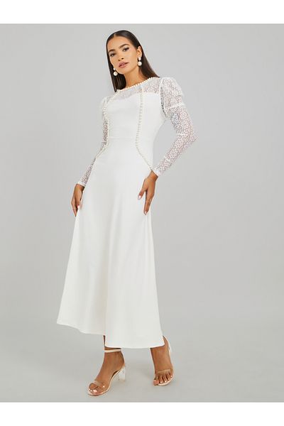 Keenly By Styli Embellished Lace Detail Long Lace Sleeve Maxi Dress
