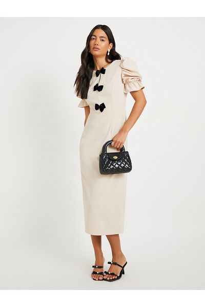 Styli Texture Puff Sleeves Bow Detail Midi Dress