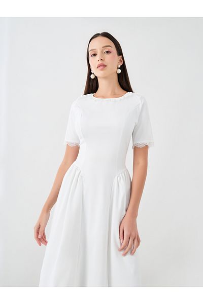 Styli Solid Lace Detail Short Sleeve A-Line Knee-Length Dress