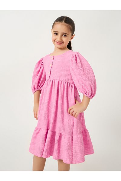Styli Textured Puff Sleeves Dress with Half-Button Placket