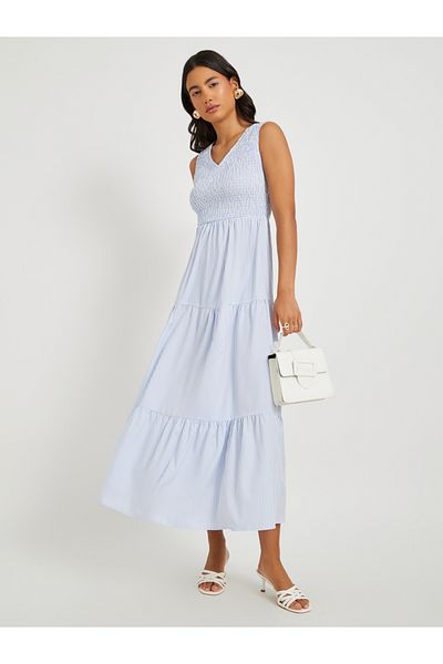 Styli Striped V-Neck Sleeveless A-Line Midi Dress