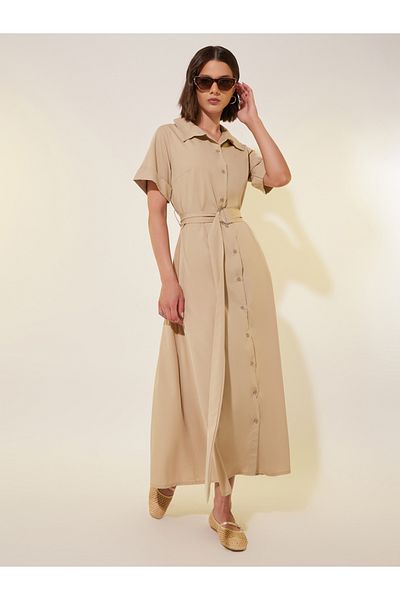 Styli Solid Short Sleeve Belted Midi Shirt Dress
