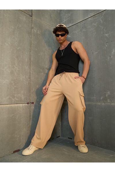 Sassafras By Styli Beige Solid Drawstring Waist Wide Leg Pants